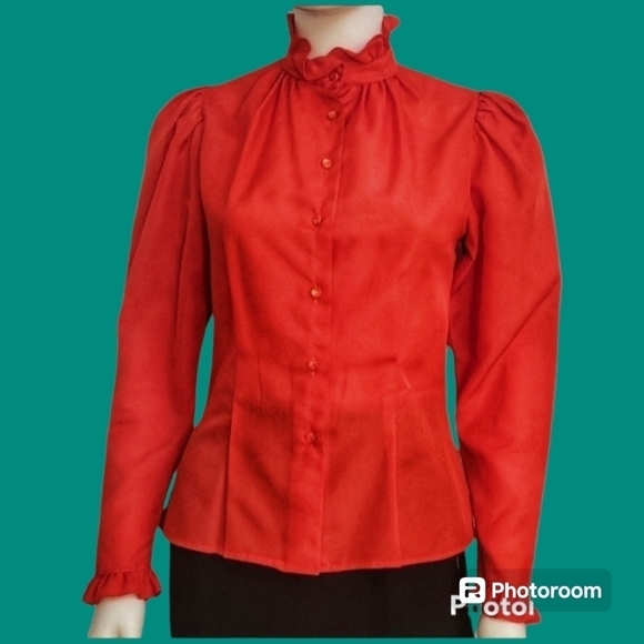VTG LA BENE 1970s Red Ruffle High Neck Puff Sleeve Colonial Castlecore Blouse - Picture 1 of 9